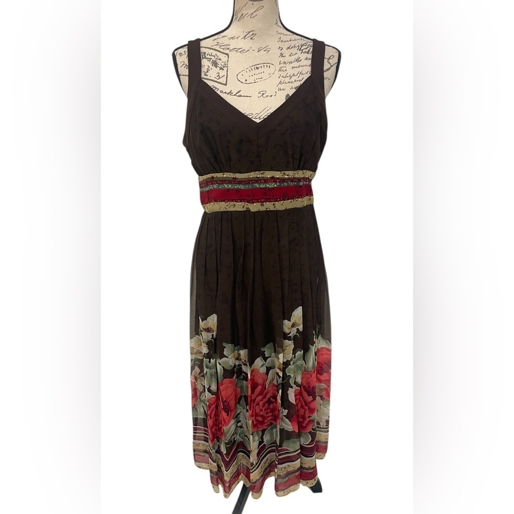 Signature by Robbie Bee 100% Silk Floral Border Midi Dress Size 10 Brown Red